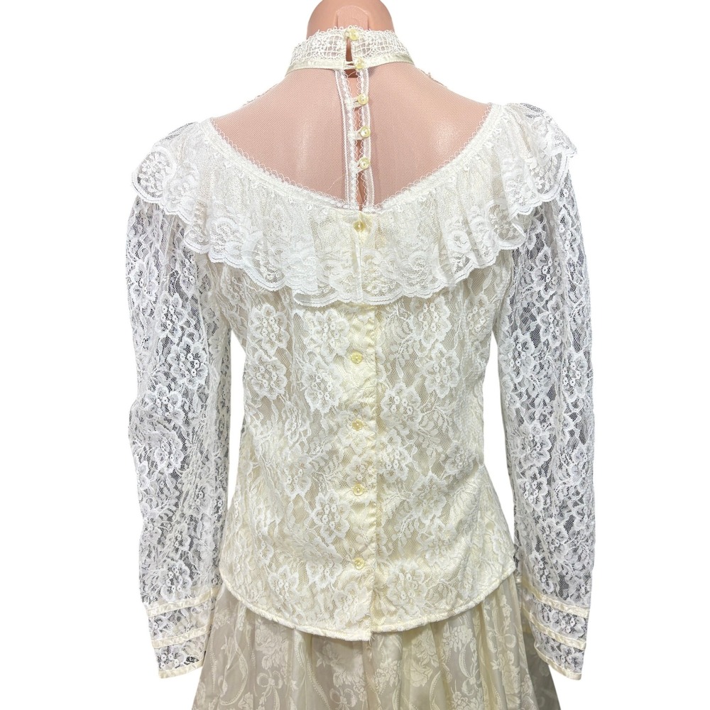 Vintage Gunne Sax Gunnies Lace Blouse Ivory Victorian Ruffle High Neck Top 13 - Picture 3 of 9